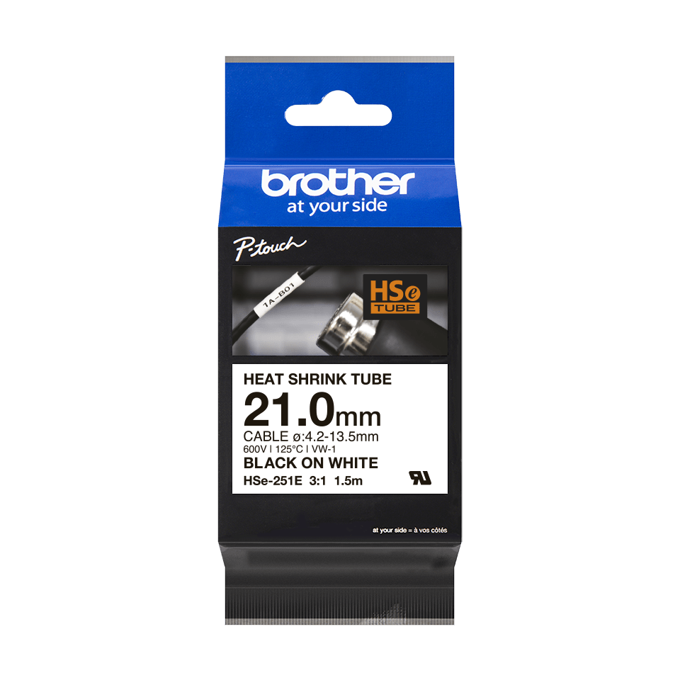 Brother HSE-251E Heat Shrink Tube, 21mm, zwart op wit Brother HSE-251E Heat Shrink Tube, 21mm, zwart op wit