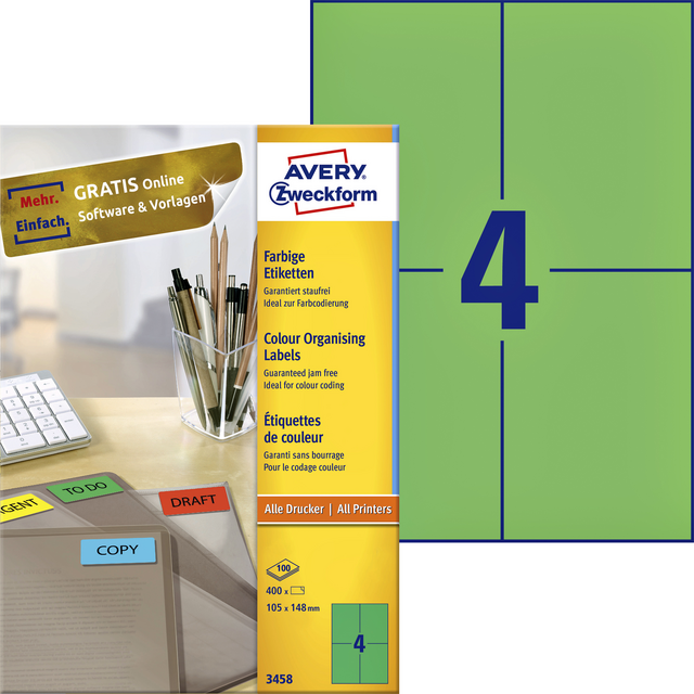 Etiket Avery Zweckform 3458 105x148mm A6 groen 400stuks Etiket Avery Zweckform 3458 105x148mm A6 groen 400stuks