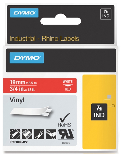 Dymo RHINO 1805422 vinyl wit op rood 19mm