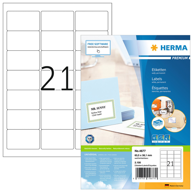 Etiket HERMA 4677 63.5x38.1mm premium wit 2100stuks Etiket HERMA 4677 63.5x38.1mm premium wit 2100stuks