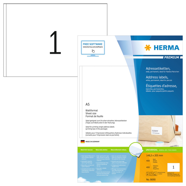 Etiket HERMA 8690 148.5x205mm Premium wit 400stuks Etiket HERMA 8690 148.5x205mm Premium wit 400stuks