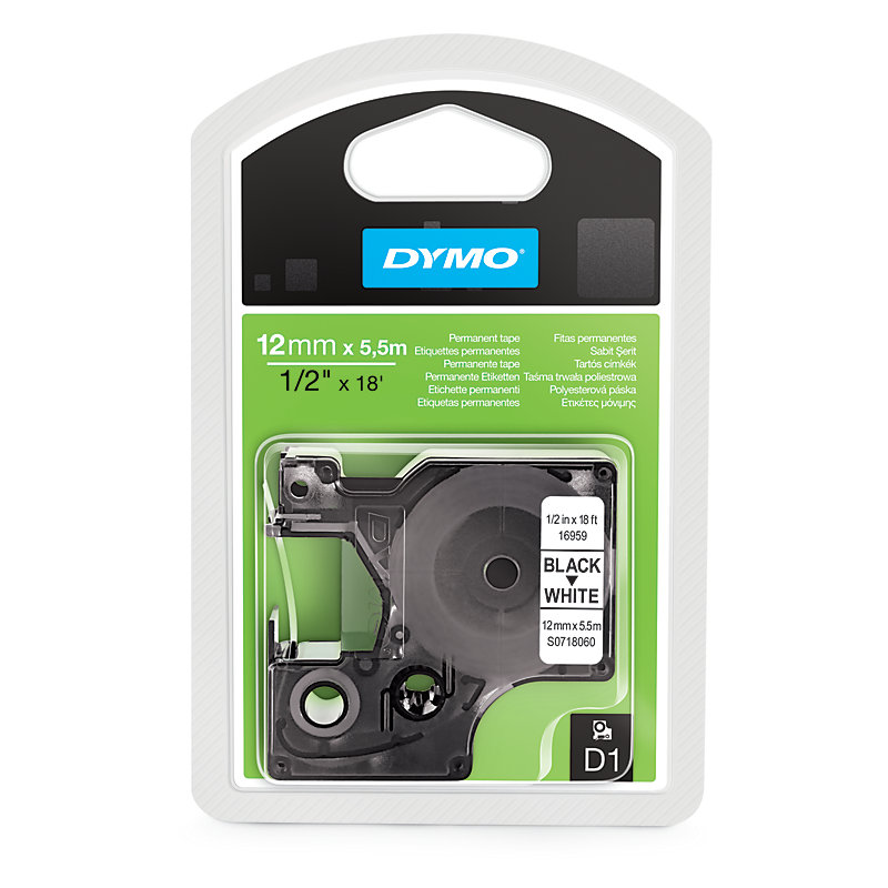 Dymo 16959 D1 Permanent Polyestertape 12mm zwart op wit Dymo 16959 D1 Permanent Polyestertape 12mm zwart op wit