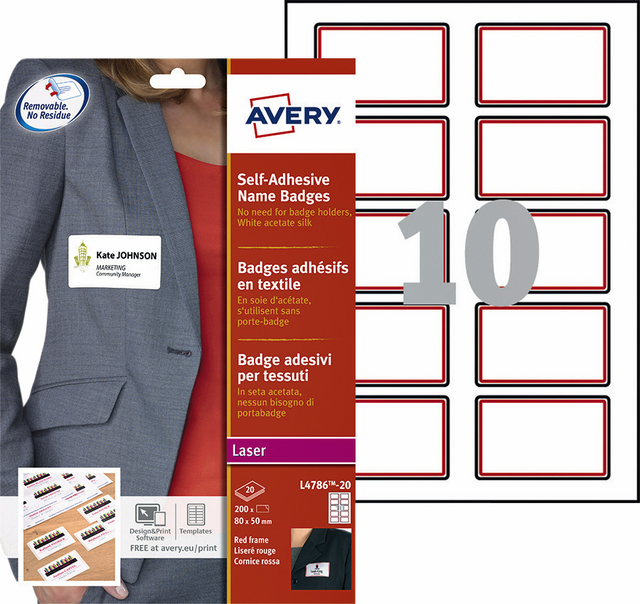 Naambadge etiket Avery L4786-20 80x50mm rood kader 200 etiketten Naambadge etiket Avery L4786-20 80x50mm rood kader 200 etiketten