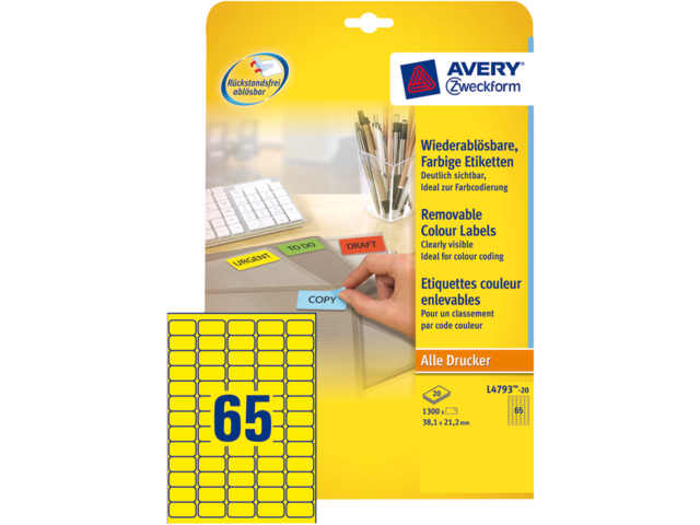 L4793-20 etiket avery zweck l4793 38.1x21.2mm 1300st geel