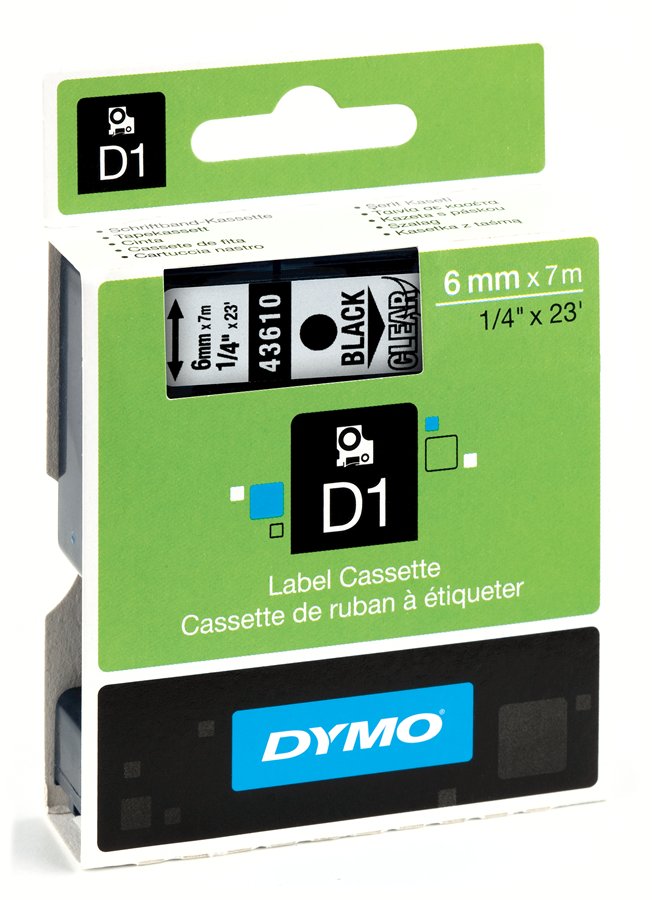 Dymo 43610 D1 Tape 6mm x 7m zwart op transparant 