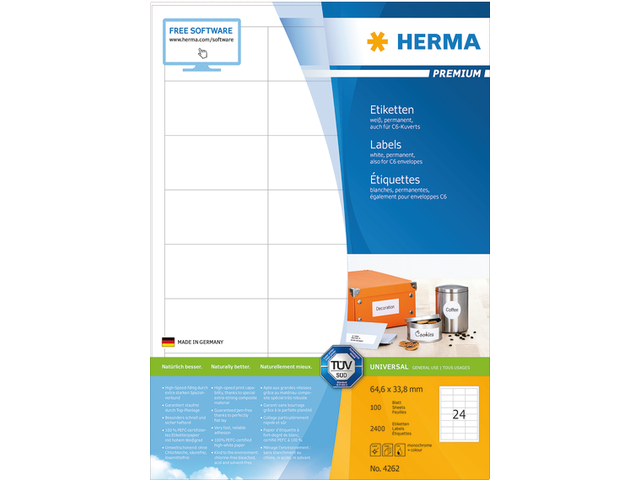 4262 etiket herma 4262 64.6x33.8mm premium a4 2400st