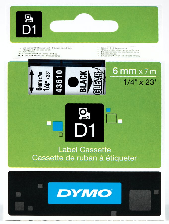 Dymo 43610 D1 Tape 6mm x 7m zwart op transparant 
