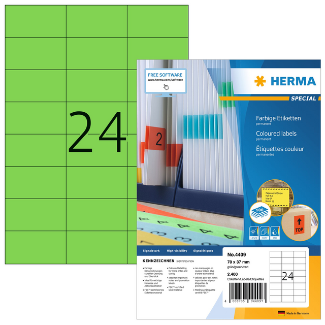 Etiket HERMA 4409 70x37mm groen 2400 etiketten Etiket HERMA 4409 70x37mm groen 2400 etiketten