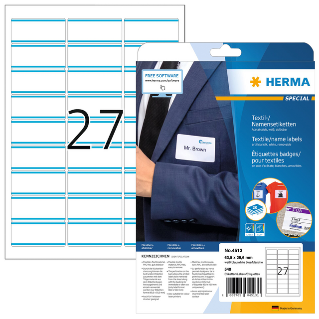Naambadge etiket HERMA 4513 63.5x29.6mm wit/blauw Naambadge etiket HERMA 4513 63.5x29.6mm wit/blauw