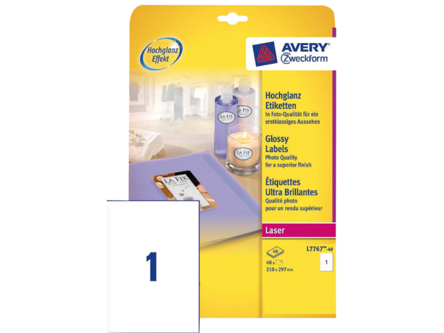 L7767-40 etiket avery l7767-40 210x297mm 40st glans wit