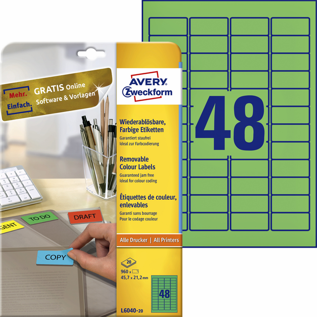 Etiket Avery Zweckform L6040-20 45.7x21.2mm groen 960stuks Etiket Avery Zweckform L6040-20 45.7x21.2mm groen 960stuks