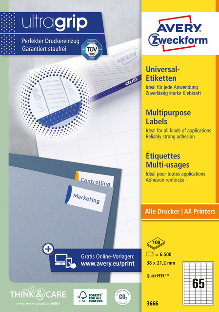 Etiket Avery Zweckform 3666 38x21.2mm wit 6500stuks Etiket Avery Zweckform 3666 38x21.2mm wit 6500stuks