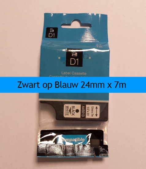 A53716 Dymo Compatibele D1 Standaard Vinyl Tape Zwart op Blauw 24mm A53716 Dymo Compatibele D1 Standaard Vinyl Tape Zwart op Blauw 24mm