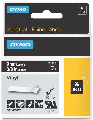 Dymo RHINO 1805437 vinyl wit op zwart 9mm