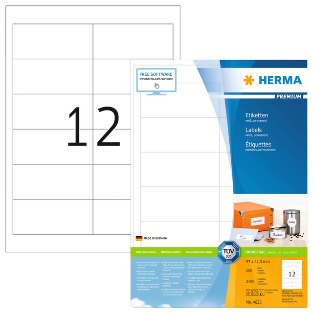 Etiket HERMA 4623 96.5x42.3Mm premium wit 2400stuks Etiket HERMA 4623 96.5x42.3Mm premium wit 2400stuks