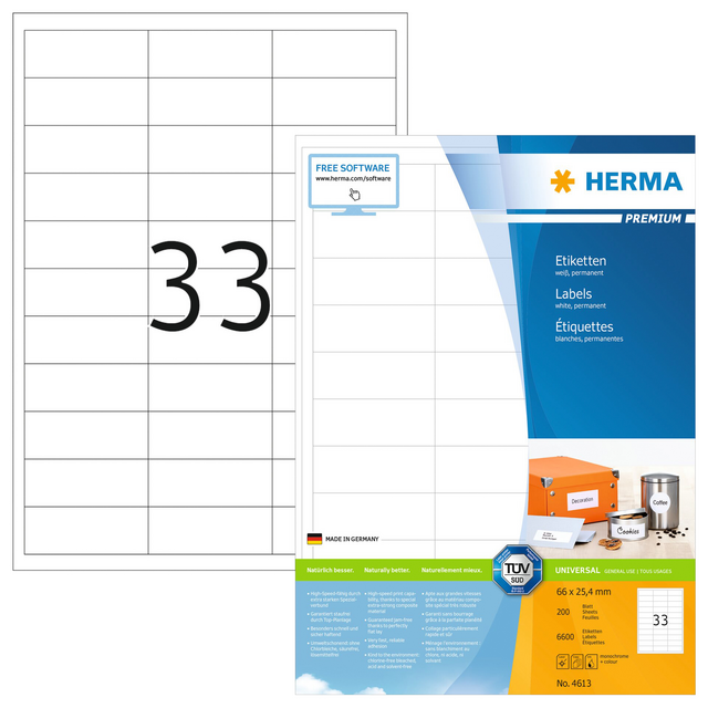 Etiket HERMA 4613 66x25.4mm premium wit 6600stuks Etiket HERMA 4613 66x25.4mm premium wit 6600stuks