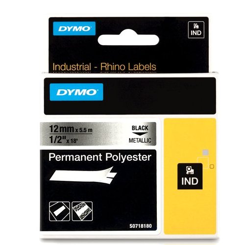 Dymo RHINO 18486 Permanente Polyester Tape zwart op gemetaliseerd 12mm