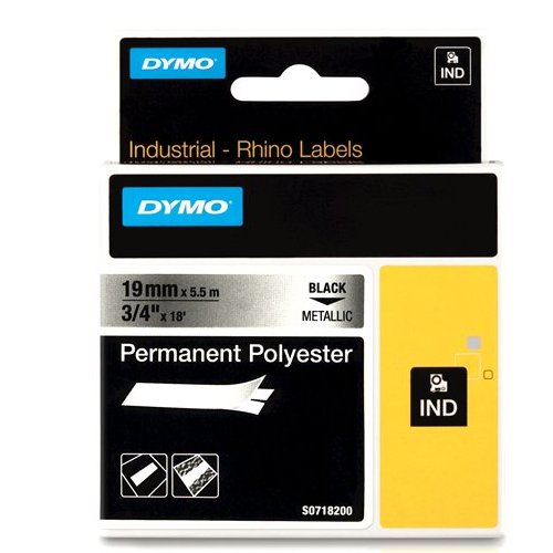 Dymo RHINO 18487 Permanente Polyester Tape zwart op gemetaliseerd 19mm