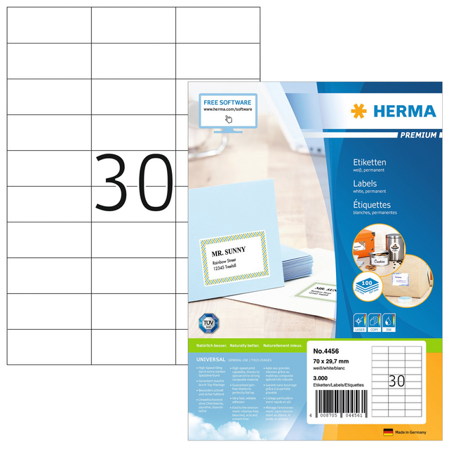 Etiket HERMA 4456 70x29.7mm premium wit 3000stuks Etiket HERMA 4456 70x29.7mm premium wit 3000stuks