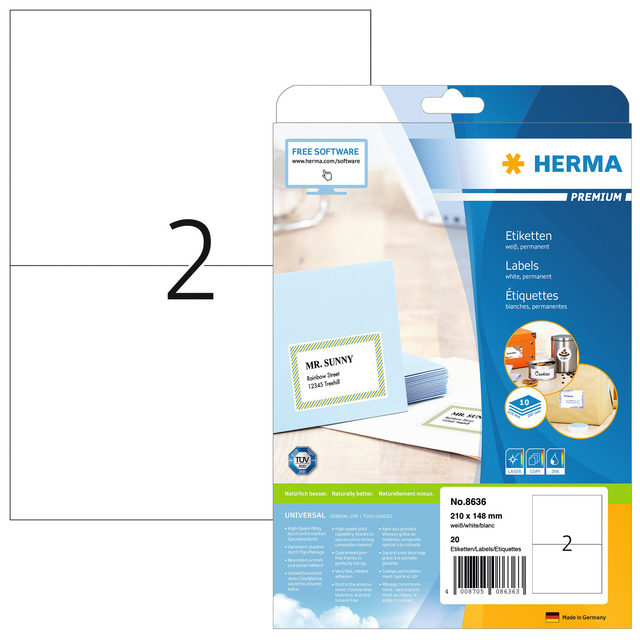 Etiket HERMA 8636 210x148mm A4 premium wit 20stuks Etiket HERMA 8636 210x148mm A4 premium wit 20stuks