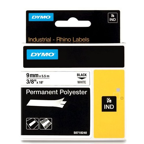 Dymo RHINO 18482 Permanente Polyester Tape zwart op wit 9mm