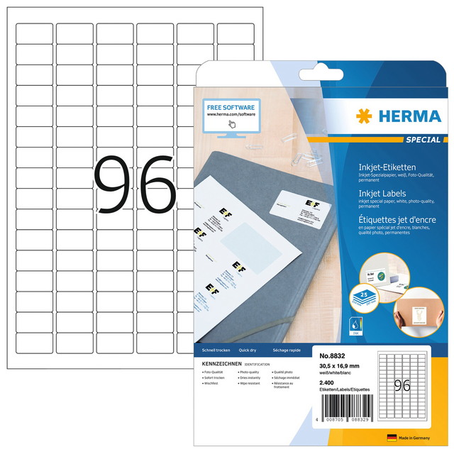 Etiket HERMA 8832 30.5x16.9mm mat wit 2400stuks Etiket HERMA 8832 30.5x16.9mm mat wit 2400stuks