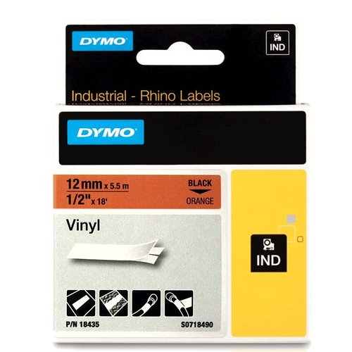 Dymo RHINO 18435 Gekleurd Vinyl zwart op oranje 12mm