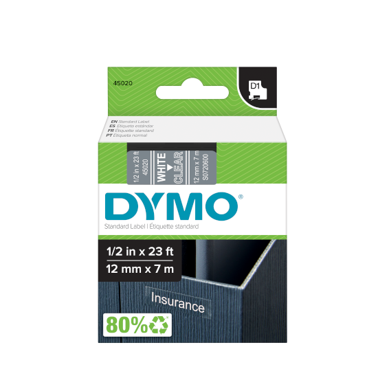 Dymo 45020 D1 Tape 12mm x 7m wit op Transparant 