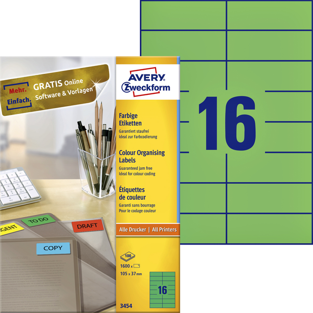 Etiket Avery Zweckform 3454 105x37mm groen 1600stuks Etiket Avery Zweckform 3454 105x37mm groen 1600stuks