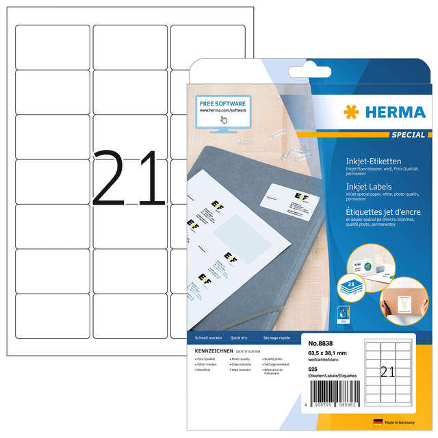 Etiket HERMA 8838 63.5x38.1mm mat wit 525stuks Etiket HERMA 8838 63.5x38.1mm mat wit 525stuks