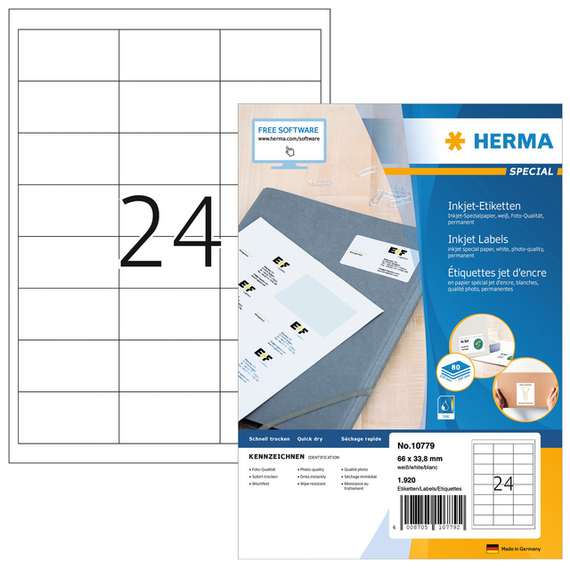 Etiket HERMA 10779 66x33.8mm wit 1920stuks Etiket HERMA 10779 66x33.8mm wit 1920stuks