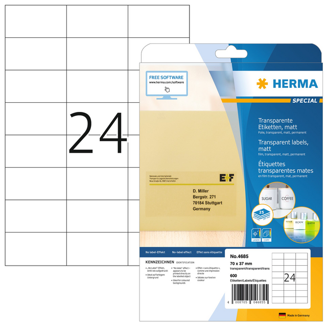 Etiket HERMA 4685 70x37mm transparant 600stuks Etiket HERMA 4685 70x37mm transparant 600stuks