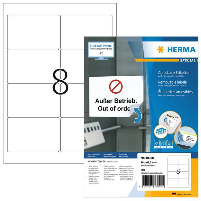 HERMA 10308 Label, 96 x 63.5 mm, Removable, White, 800 pieces