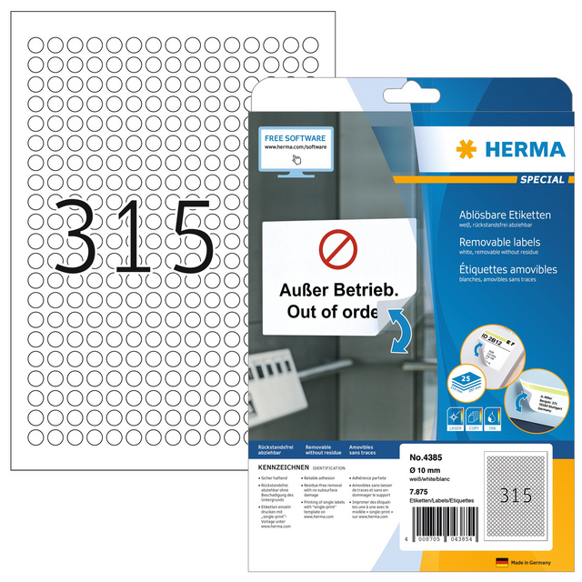 Etiket HERMA 4385 rond 10mm wit 7875 etiketten Etiket HERMA 4385 rond 10mm wit 7875 etiketten
