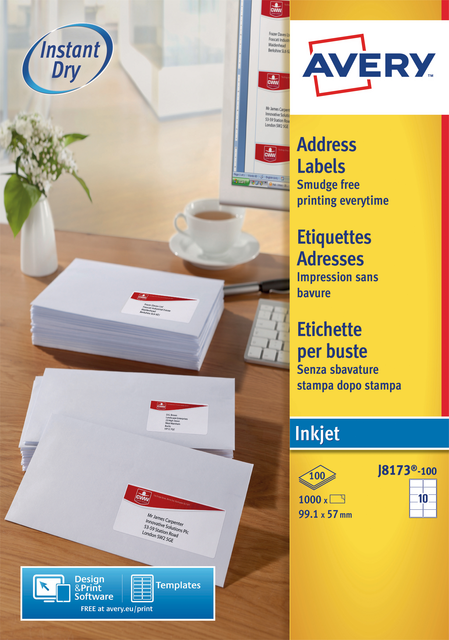 Etiket Avery J8173-10 99.1x57mm wit 100stuks Etiket Avery J8173-10 99.1x57mm wit 100stuks