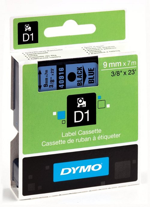 Dymo 40916 D1 Tape 9mm x 7m zwart op blauw 