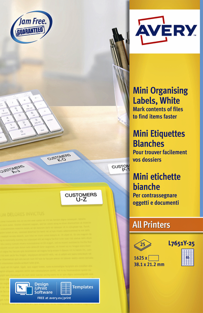 Etiket Avery L7651Y-25 38.1x21.2mm neon geel 1625 etiketten Etiket Avery L7651Y-25 38.1x21.2mm neon geel 1625 etiketten