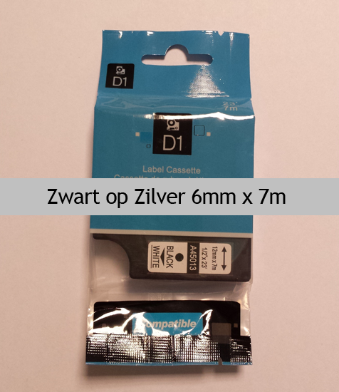 A43622 Dymo Compatibele D1 Standaard Vinyl Tape Zwart op Zilver 6mm A43622 Dymo Compatibele D1 Standaard Vinyl Tape Zwart op Zilver 6mm