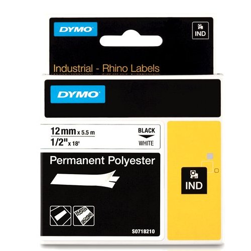 Dymo RHINO 18483 Permanente Polyester Tape zwart op wit 12mm