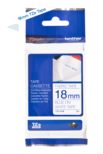 TZe-FA4 18mm brede blauw op witte opstrijkbare textieltape