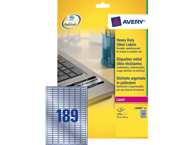 L6008-20 etiket avery l6008-20 25.4x10mm 3780st zilver