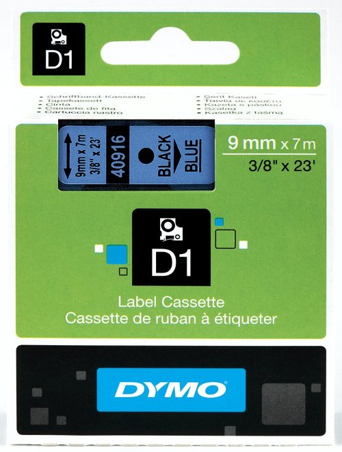 Dymo 40916 D1 Tape 9mm x 7m zwart op blauw 