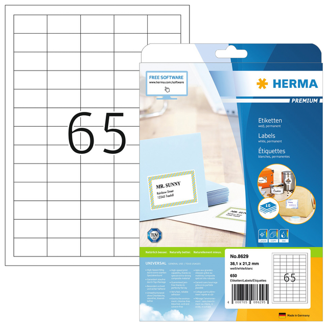 Etiket HERMA 8629 38.1x21.2mm premium wit 650stuks Etiket HERMA 8629 38.1x21.2mm premium wit 650stuks