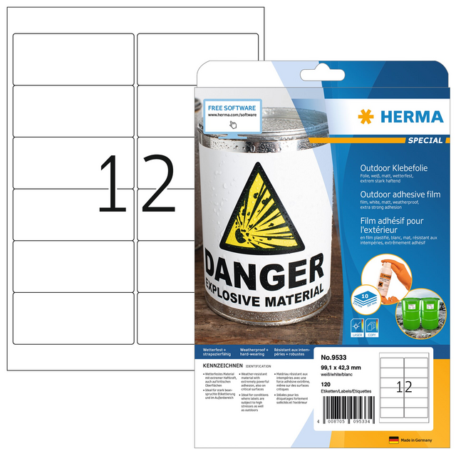 HERMA 9533 Label, 99.1 x 42.3 mm, weather-resistant, 120 pieces HERMA 9533 Label, 99.1 x 42.3 mm, weather-resistant, 120 pieces