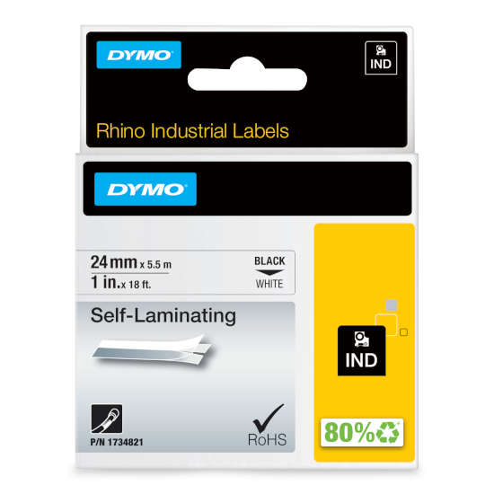 Dymo 1734821 RHINO Zelf Laminerende tape 24mm zwart op wit