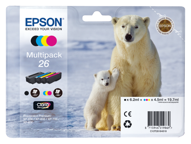 Inktcartridge Epson 26 T2616 zwart + 3 kleuren Inktcartridge Epson 26 T2616 zwart + 3 kleuren