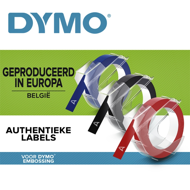 Dymo 3D reliëftape, rood, blauw, zwart, 9mm x 3 m, verpakking van 3 rol