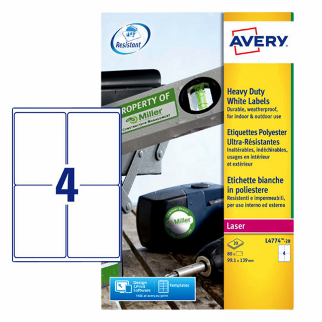 Etiket Avery L4774-20 99.1x139mm polyester wit 80 etiketten Etiket Avery L4774-20 99.1x139mm polyester wit 80 etiketten