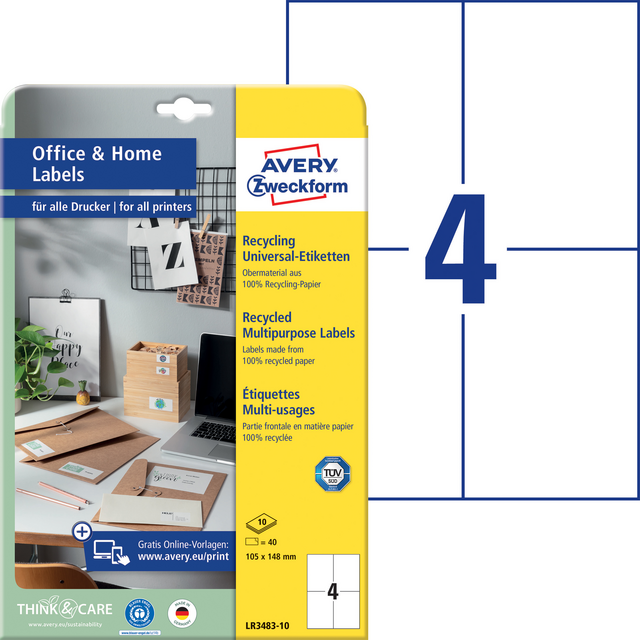 Etiket Avery Zweckform LR3483-10 105x148mm recycled wit 40stuks