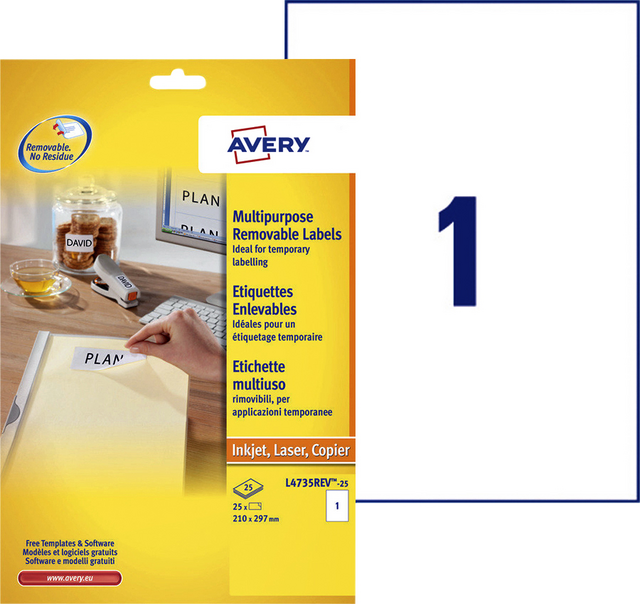 Etiket Avery L4735REV-25 210x297mm A4 wit 25 etiketten Etiket Avery L4735REV-25 210x297mm A4 wit 25 etiketten